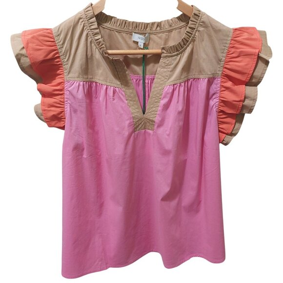 NWT Voy Kendra Colorblock Poplin Ruffle Sleeve Top In Pink~Khaki~Orange ~ SMALL - Picture 3 of 9
